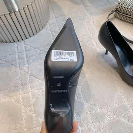BALENCIAGA 25S POINTED-TOE HIGH HEELS 70 MM IN BLACK CALFSKIN WITH GOLD HARDWARE