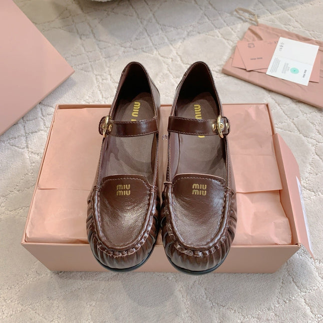 MIUMIU 26S LOAFERS IN BROWN CALFSKIN WITH STRAP