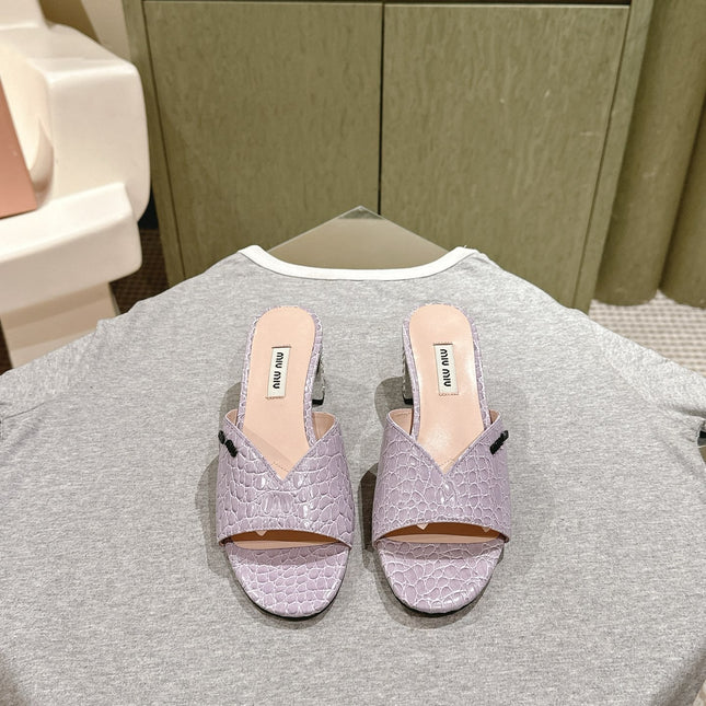 JEWELLED HEEL 55 MULE SANDALS IN PASTEL PURPLE CALFSKIN