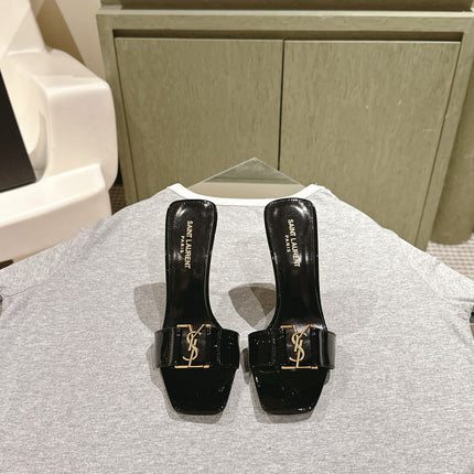YSL 25S SQUARE-TOE HIGH-HEEL SANDALS 100 MM IN BLACK GLOSSY LAMBSKIN WITH GOLD HARDWARE