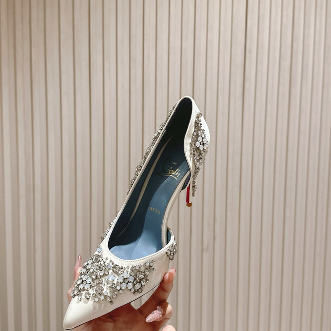 STUDDED RHINESTONE IRIZA PUMPS 105MM IN WHITE SATIN