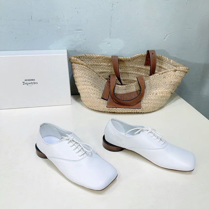 JACQUEMUS 26S LACE-UP FLAT LOAFERS IN WHITE CALFSKIN