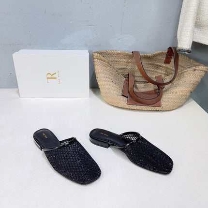 THE ROW 26S MULE FLATS IN BLACK MESH FABRIC