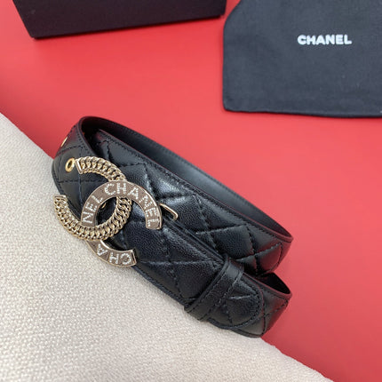 CC MEDIUM 30 MM BELT BLACK EMBROIDERED CALFSKIN GOLD HARDWARE WITH LETTER