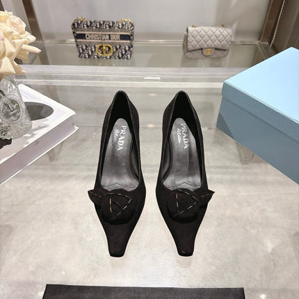 PRADA 26S POINTED TOE HEEL PUMPS 55MM IN BLACK SUEDE WITH FLORAL