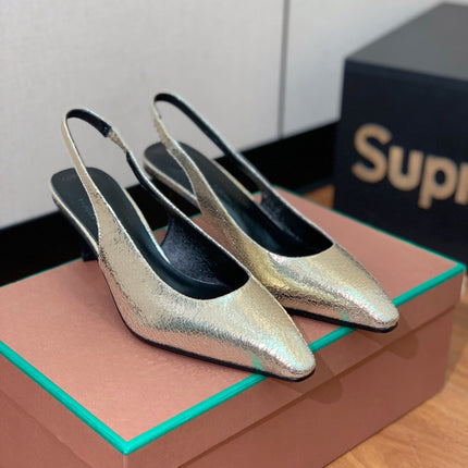 LP POINTED TOE MID-HEEL SLINGBACK METALLIC GOLD CALFSKIN