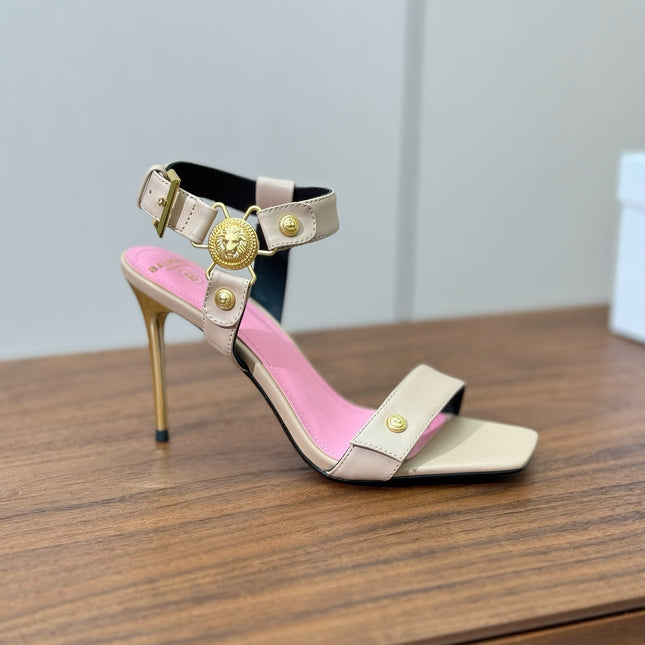 BALMAIN 25S HEELED EVA SANDALS 95MM IN BEIGE AND PINK CALFSKIN