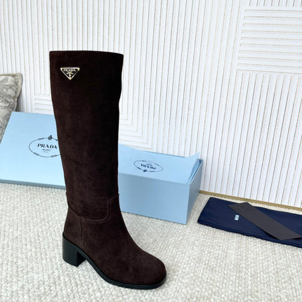 PRADA 25S HIGH-CUT BOOTS 55 MM IN DARK BROWN SUEDE
