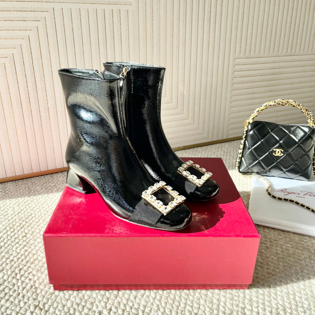 BELLE VIVIER ANKLE BOOTS IN BLACK GLOSSY CALFSKIN RHINESTONE BUCKLE