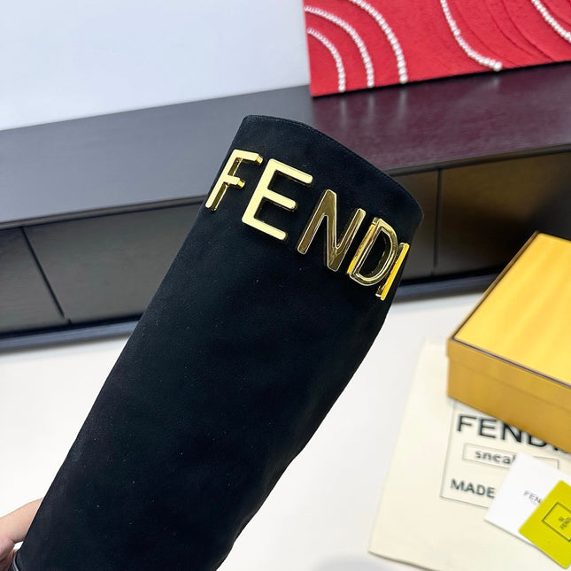 FENDI 25S HIGH-CUT METALLIC HEEL BOOTS 100 MM IN BLACK SUEDE AND CALFSKIN STYLE 2