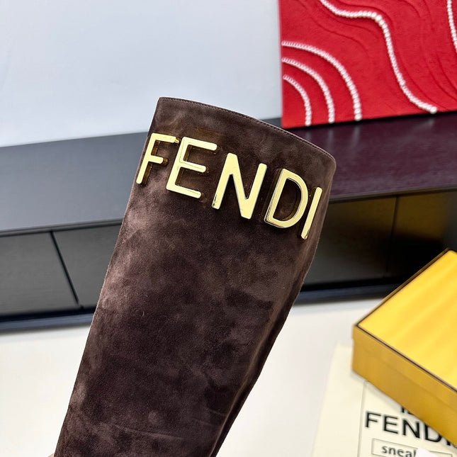 FENDI 25S HIGH-CUT METALLIC HEEL BOOTS 100 MM IN DARK BROWN SUEDE AND CALFSKIN STYLE 1