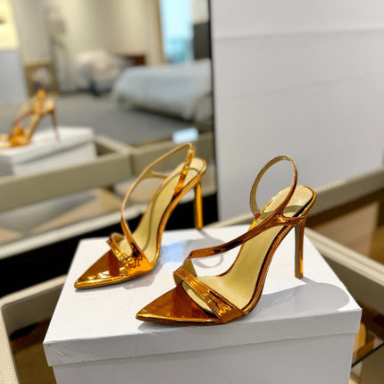 GIANVITO ROSSI 26S STRAPPY HIGH-HEEL SANDALS 105 MM IN METALLIC ORANGE GOLD PATENT CALFSKIN