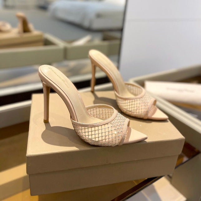 GIANVITO ROSSI 26S HEELED SANDALS 105 MM IN NUDE MESH FABRIC AND CALFSKIN
