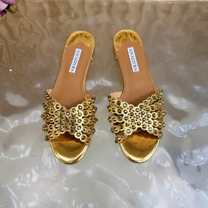 AQUAZZURA 26S SLIDES IN METALLIC GOLD CALFSKIN CRYSTAL-EMBELLISHED STRAPS