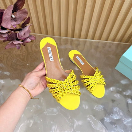 AQUAZZURA 26S SLIDES IN YELLOW CALFSKIN CRYSTAL-EMBELLISHED STRAPS