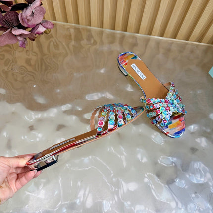 AQUAZZURA 26S SLIDES IN MULTICOLOR SNAKESKIN EMBOSSED LEATHER