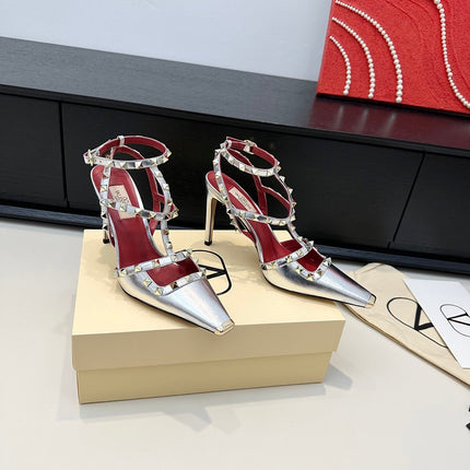 VALENTINO 26S ROCKSTUD SLINGBACK PUMPS 100 MM IN METALLIC SILVER CALFSKIN