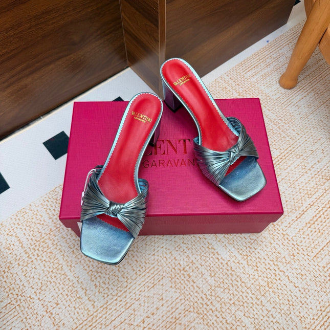 VALENTINO 26S BLOCK-HEEL SANDALS 65 MM IN METALLIC BLUE CALFSKIN