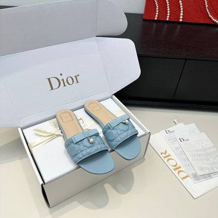DIOR 26S SLIDE SANDALS IN BLUE QUILTED CALFSKIN WITH BOW