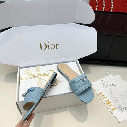 DIOR 26S SLIDE SANDALS IN BLUE QUILTED CALFSKIN WITH BOW