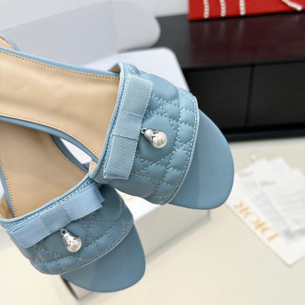 DIOR 26S SLIDE SANDALS IN BLUE QUILTED CALFSKIN WITH BOW