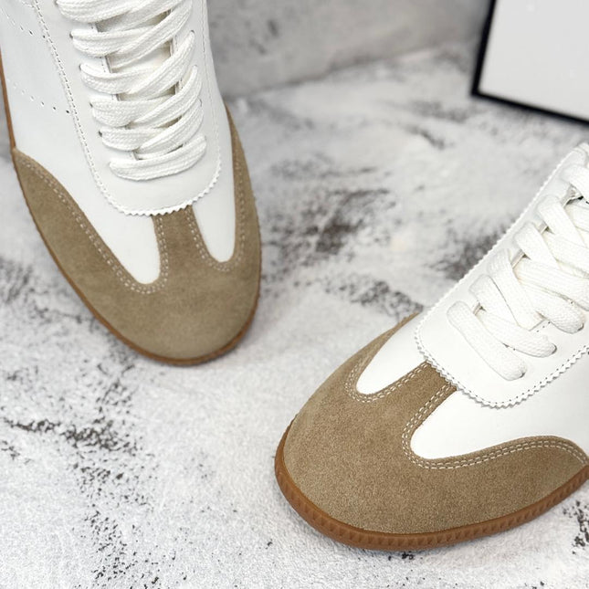 RETRO SNEAKERS IN WHITE LAMBSKIN MIX PEANUT SUEDE