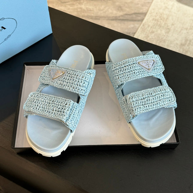 PRA RAFFIA CORK SLIDE SKY CALFSKIN