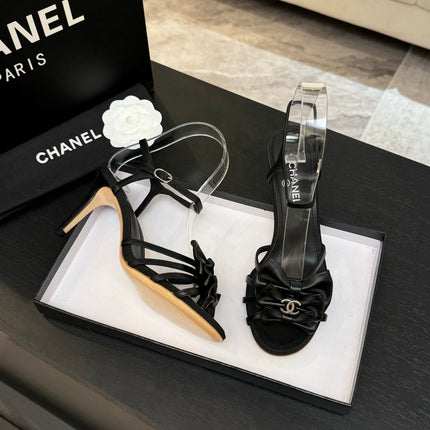 HIGH HEEL SANDAL WITH BOW IN BLACK LAMBSKIN
