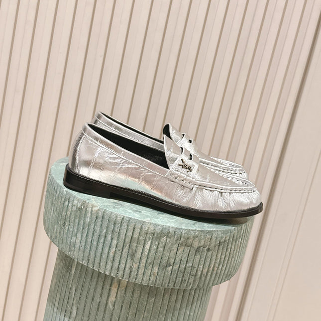 YSL 25S SAINT LAURENT LOAFERS IN SILVER CALFSKIN WITH SMALL LOGO