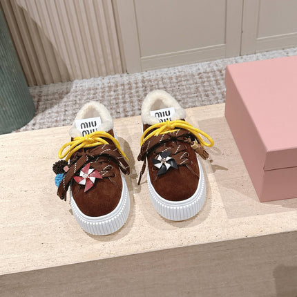 MIUMIU 25S SNEAKERS 50MM IN DARK BROWN SUEDE WITH SHEARLING