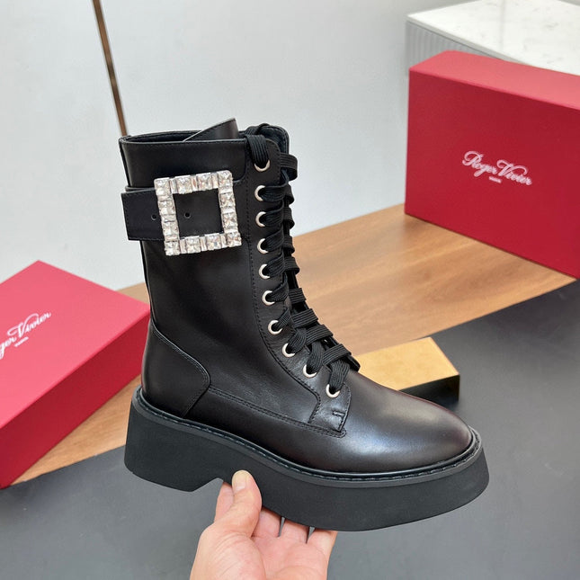 VIV' RANGERS STRASS BUCKLE BOOTS IN BLACK CALFSKIN EMBELLISHED BUCKLE