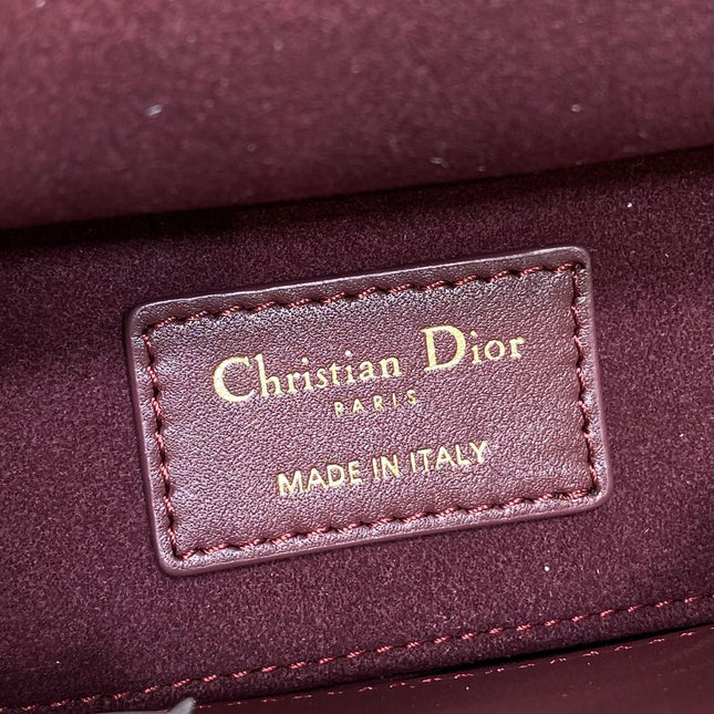 DIOR 25S SMALL LADY D‑JOY BAG 19 IN BURGUNDY CANNAGE CALFSKIN GOLD HARDWARE