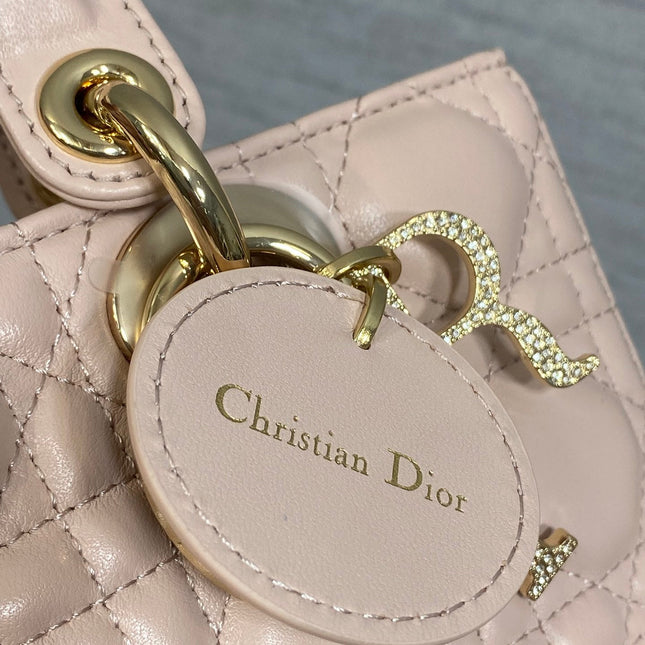 DIOR 25S SMALL LADY D‑JOY BAG 22 IN BABY PINK CALFSKIN GOLD HARDWARE