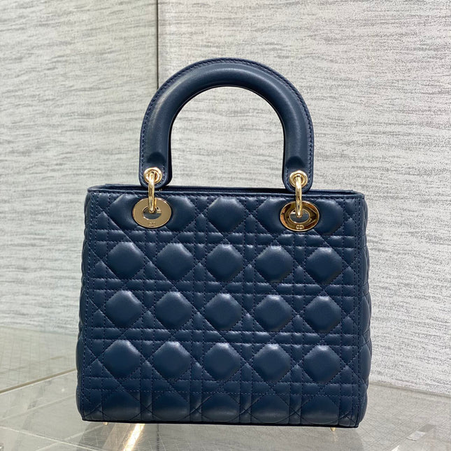 DIOR 25S MEDIUM LADY BAG 24 IN DEEP OCEAN BLUE CALFSKIN GOLD HARDWARE