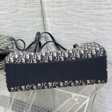 DIOR 26S LARGE PROMENADE SHOPPING BAG 37 IN BLUE DIOR OBLIQUE JACQUARD FABRIC