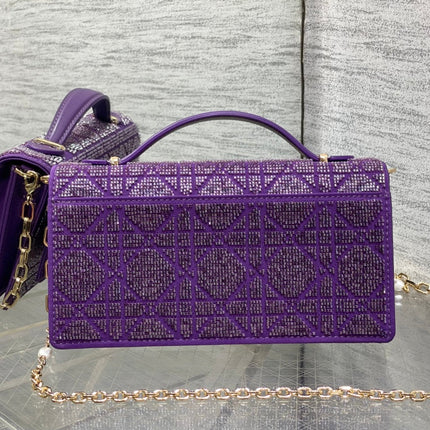 DIOR 26S MINI BAG 21 IN DARK PURPLE CALFSKIN MICROBEAD EMBROIDERED WITH CANNAGE MOTIF