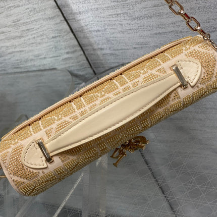 DIOR 26S MINI BAG 21 IN BEIGE CALFSKIN MICROBEAD EMBROIDERED WITH CANNAGE MOTIF