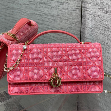 DIOR 26S MINI BAG 21 IN PINK CALFSKIN MICROBEAD EMBROIDERED WITH CANNAGE MOTIF