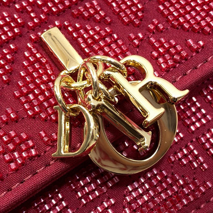 DIOR 26S MINI BAG 21 IN BURGUNDY RED CALFSKIN MICROBEAD EMBROIDERED WITH CANNAGE MOTIF