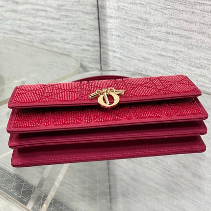 DIOR 26S MINI BAG 21 IN BURGUNDY RED CALFSKIN MICROBEAD EMBROIDERED WITH CANNAGE MOTIF