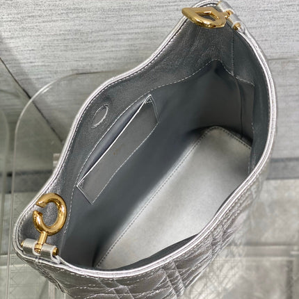 DIOR 26S SMALL DIOR TOUJOURS HOBO BAG 27 IN SILVER CALFSKIN GOLD HARDWARE
