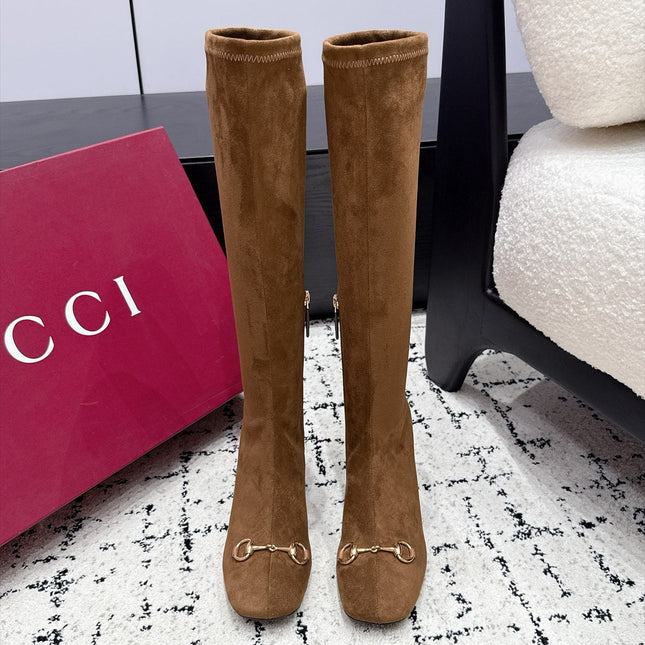 GUCCI 26S HORSEBIT KNEE-HIGH BOOTS 75 MM IN BROWN SUEDE