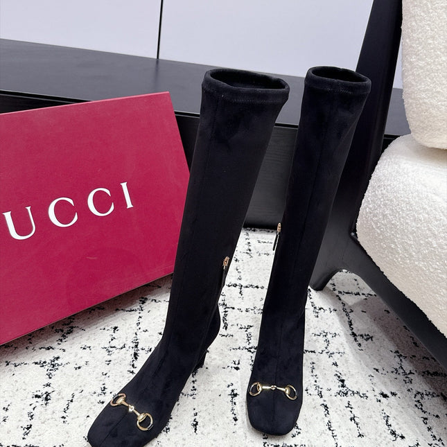 GUCCI 26S HORSEBIT KNEE-HIGH BOOTS 75 MM IN BLACK SUEDE