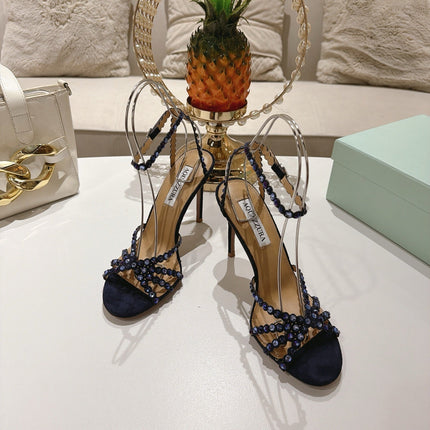 AQUAZZURA 26S HEELED SANDALS 100 MM IN DARK PURPLE SUEDE RHINESTONE EMBELLISHED