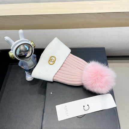 BEANIE HAT IN LIGHT PINK MIX WHITE WOOL AND FOX FUR 422503