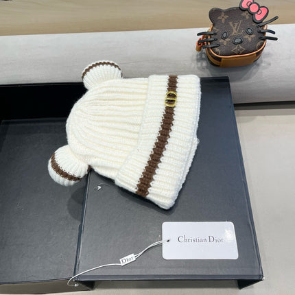 STRIPED BEANIE HAT WITH CUTE BEAR EARS IN WHITE WOOL 433436