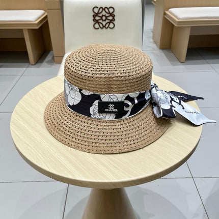 NATURAL STRAW BUCKET HAT WITH RIBBON 672771