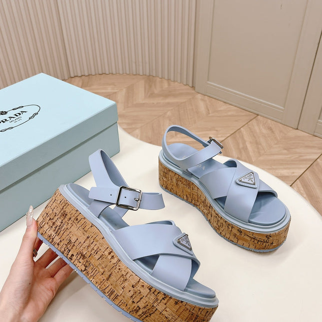 PRA WEDGE PLATFORM SANDALS SAPPHIRE CALFSKIN