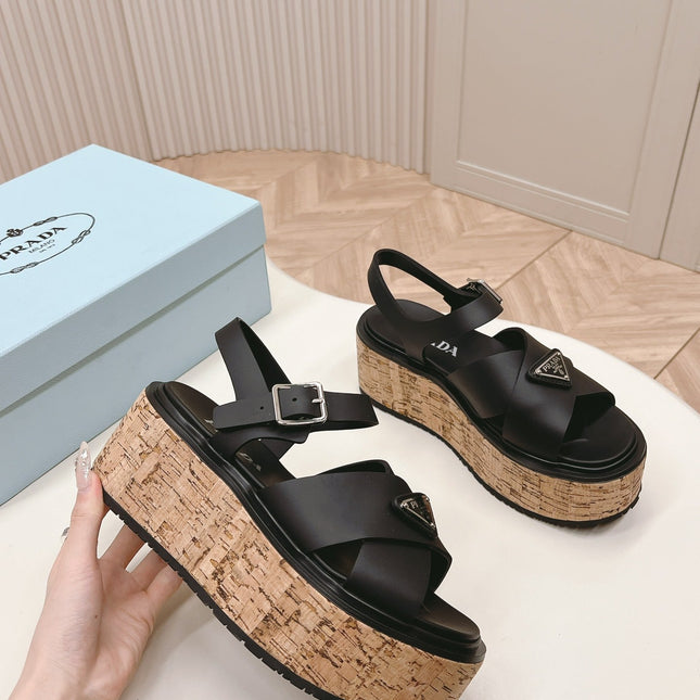 PRA WEDGE PLATFORM SANDALS BLACK CALFSKIN