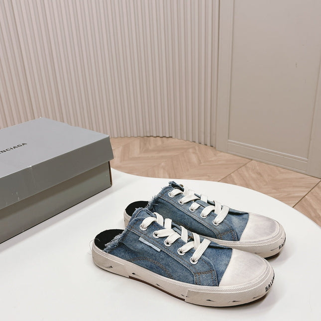 PARIS MULES IN BLUE DESTROYED DENIM AND RUBBER
